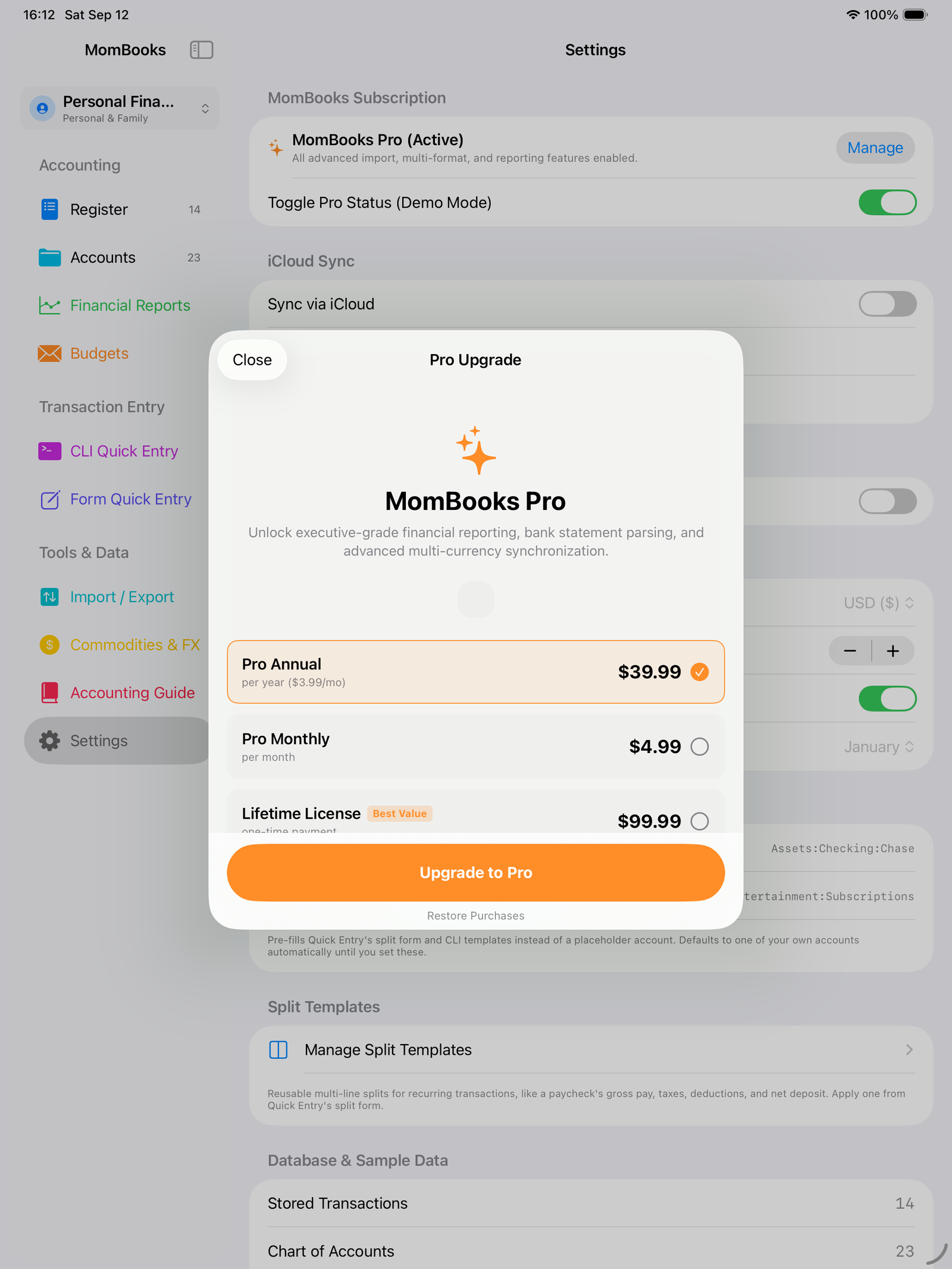 MomBooks Pro upgrade screen on iPad