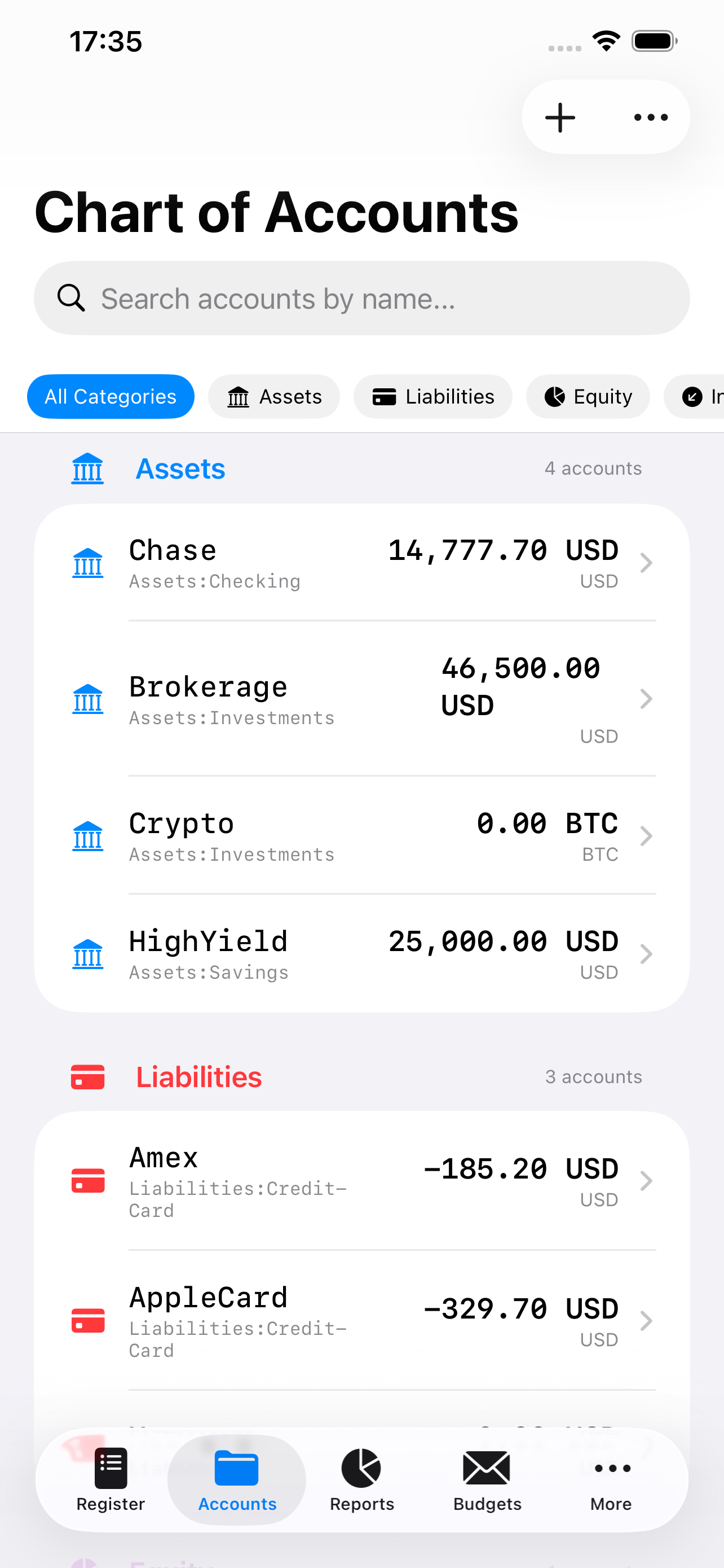 Accounts and balances on iPhone