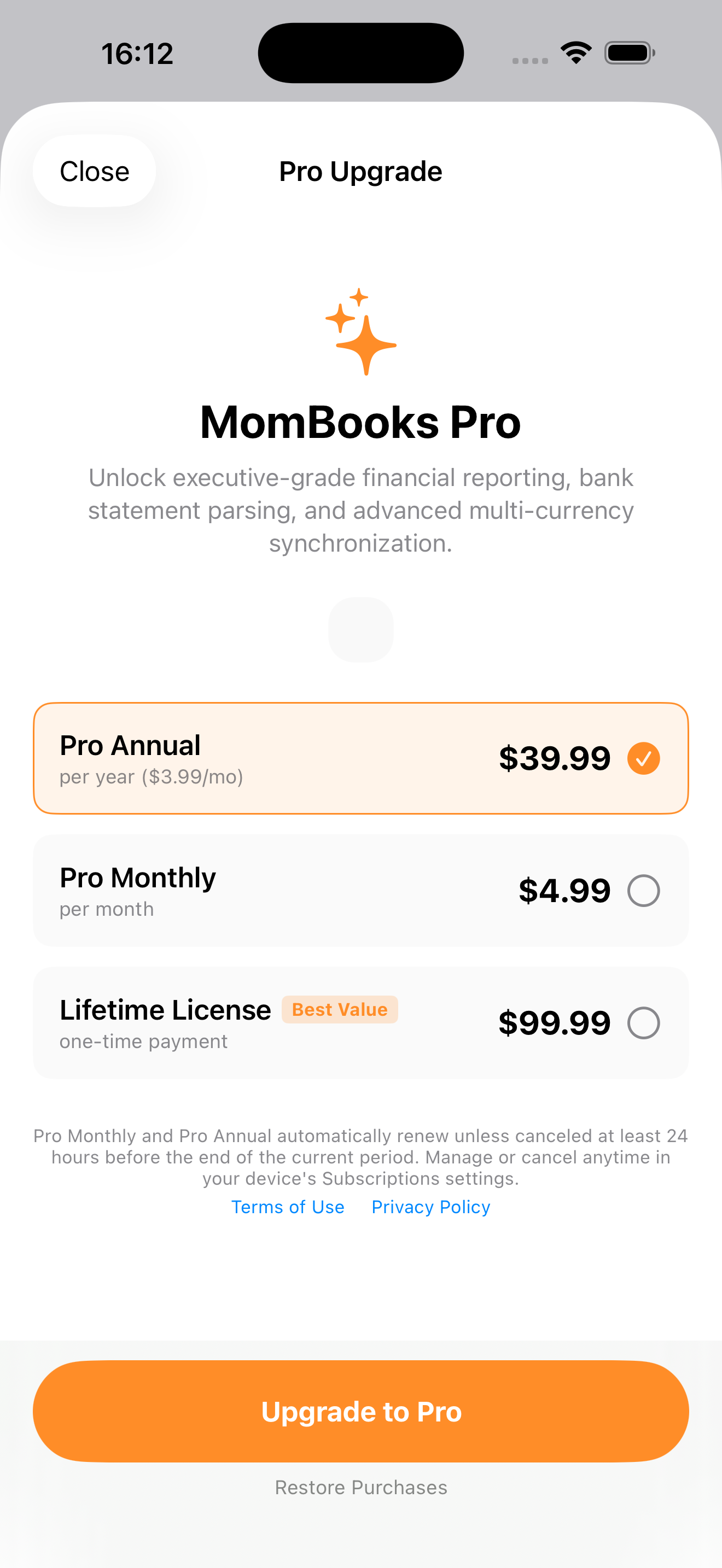 MomBooks Pro upgrade screen on iPhone