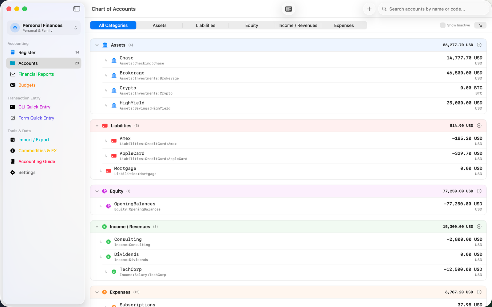 Accounts and balances on macOS