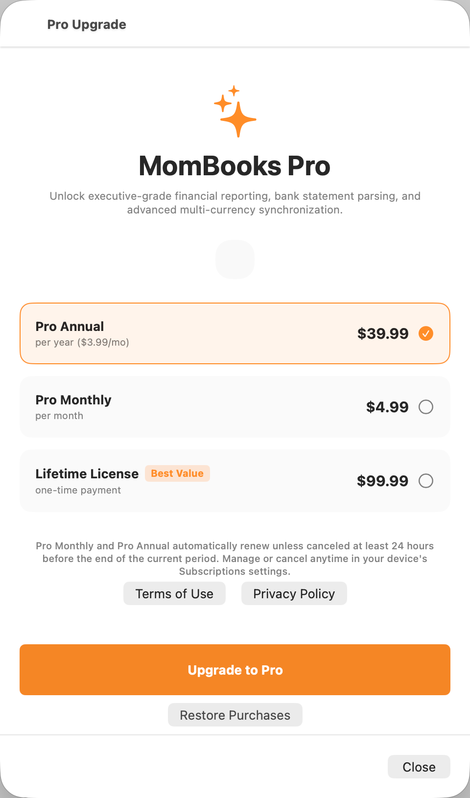 MomBooks Pro upgrade screen on macOS